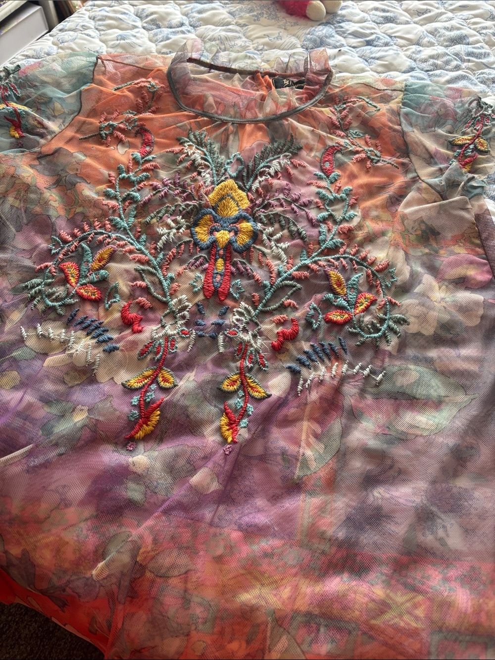 Johnny Was Sheer Embroidered Floral Top in Coral, Purple, Teal